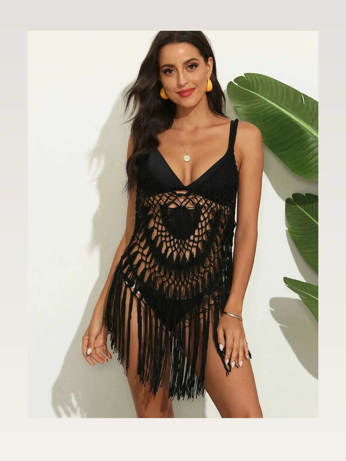 Black Tie-Dye Open Knit Crochet Fringe Beach Cover Up — styled showcase — Livostyle