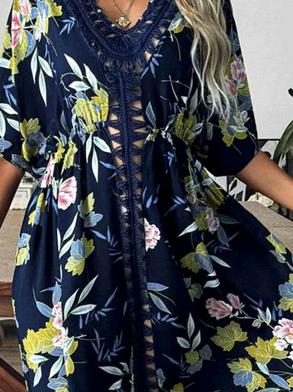 Crochet Front V-Neck Printed Cover-Up — detail view — Livostyle