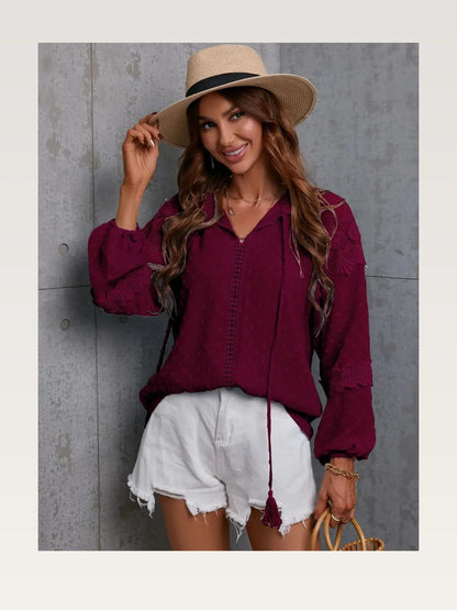 Elegant Long Sleeve Crochet Blouse with Tassel Tie Neck — styled showcase — Livostyle