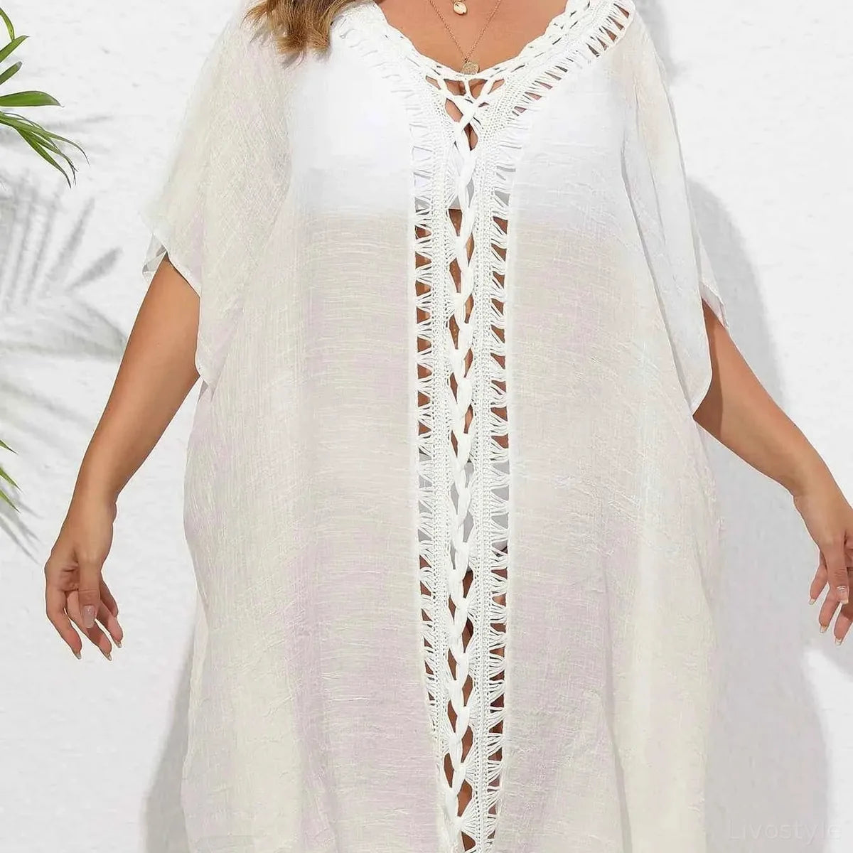 Crochet Trim V-Neck Beach Cover Up Dress — square view — Livostyle