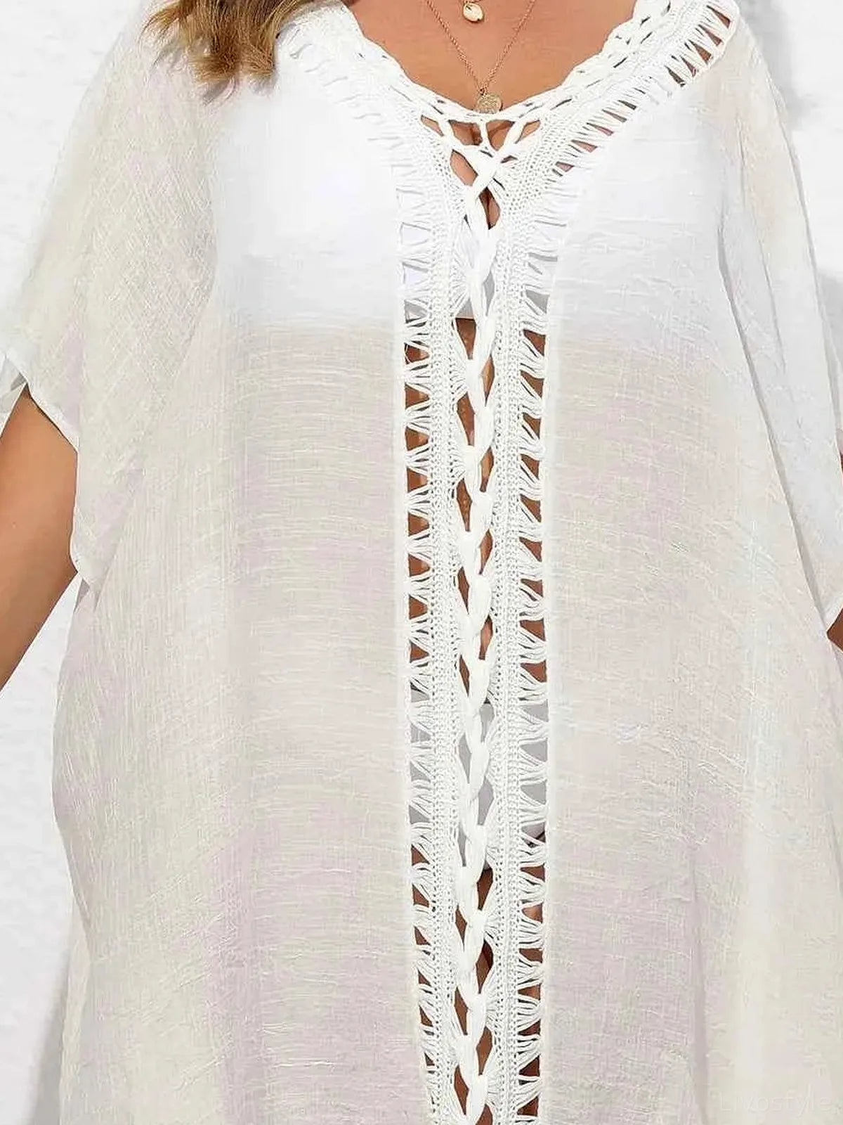 Crochet Trim V-Neck Beach Cover Up Dress — detail view — Livostyle