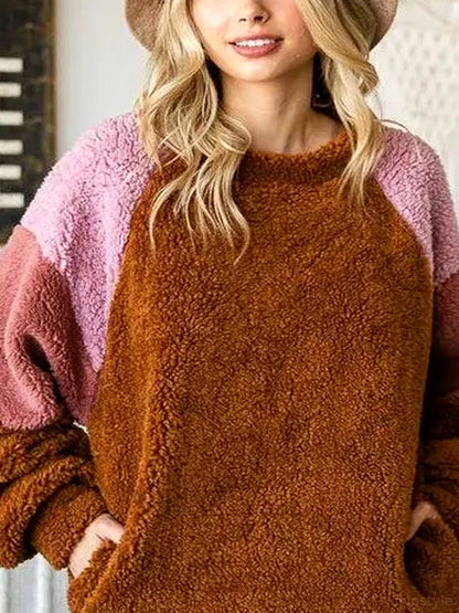 Trendy Faux Fur Color Block Raglan Sleeve Sweatshirt — detail view — Livostyle
