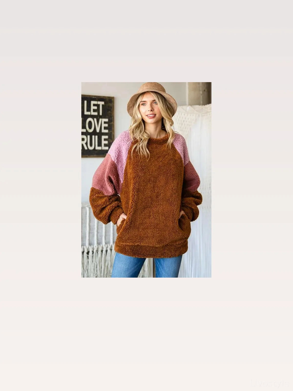 Trendy Faux Fur Color Block Raglan Sleeve Sweatshirt — styled showcase — Livostyle