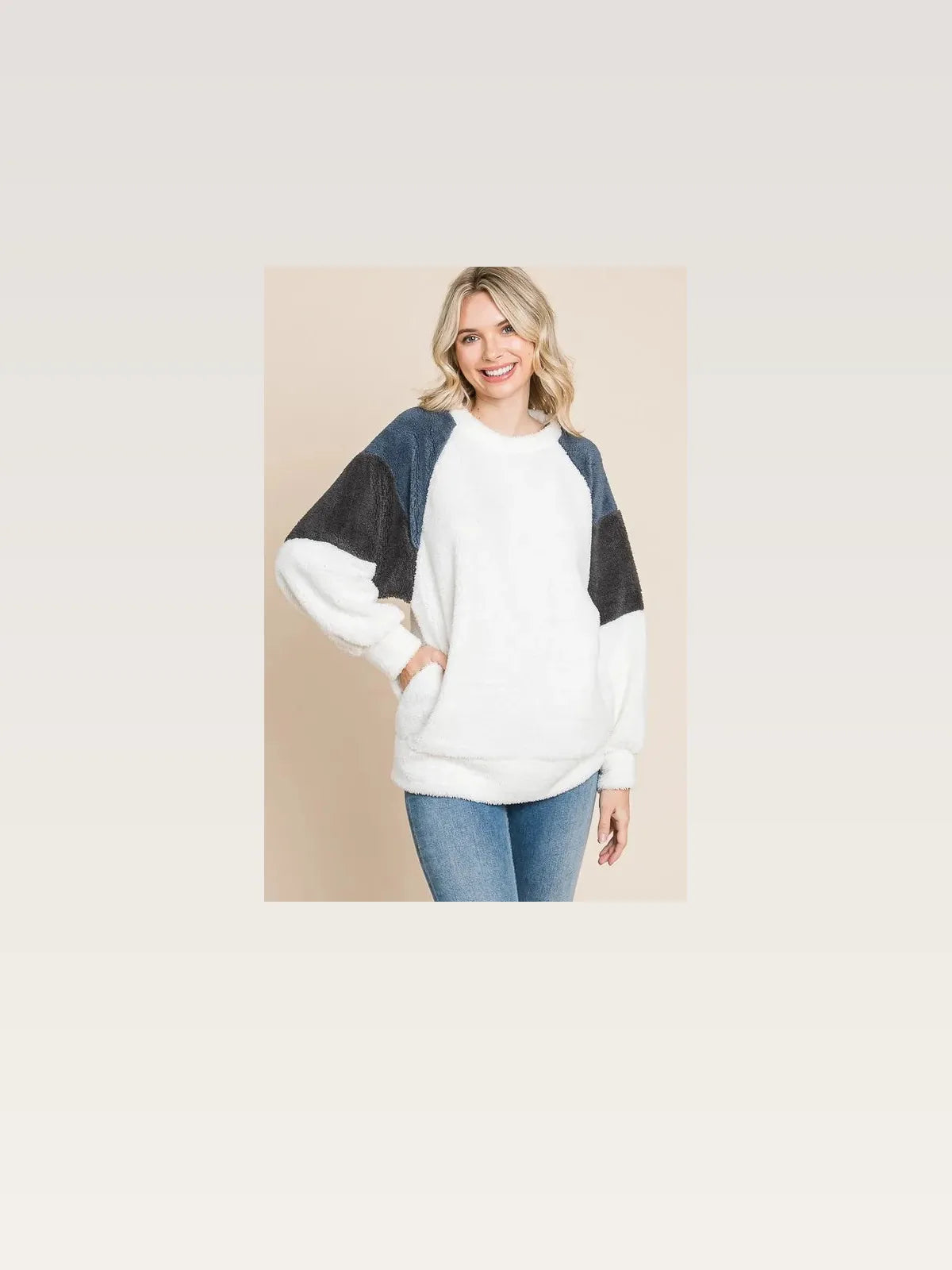 Stylish Color Block Faux Fur Sleeve Sweatshirt with Pockets — styled showcase — Livostyle