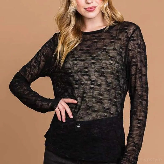 Trendy Mesh Perspective Top with Round Neck — square view — Livostyle