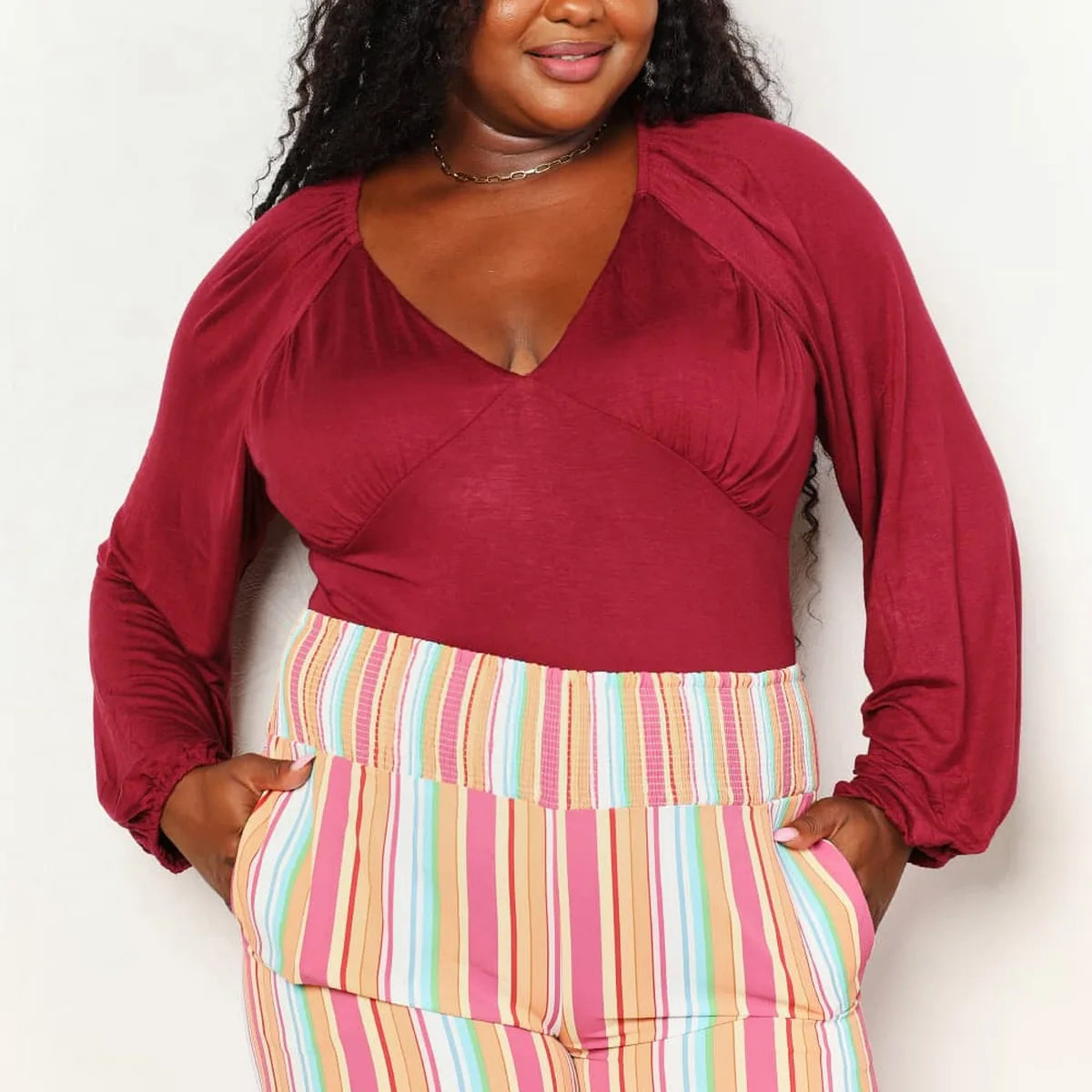Sophisticated V-Neck Bodysuit with Poet Sleeves — square view — Livostyle