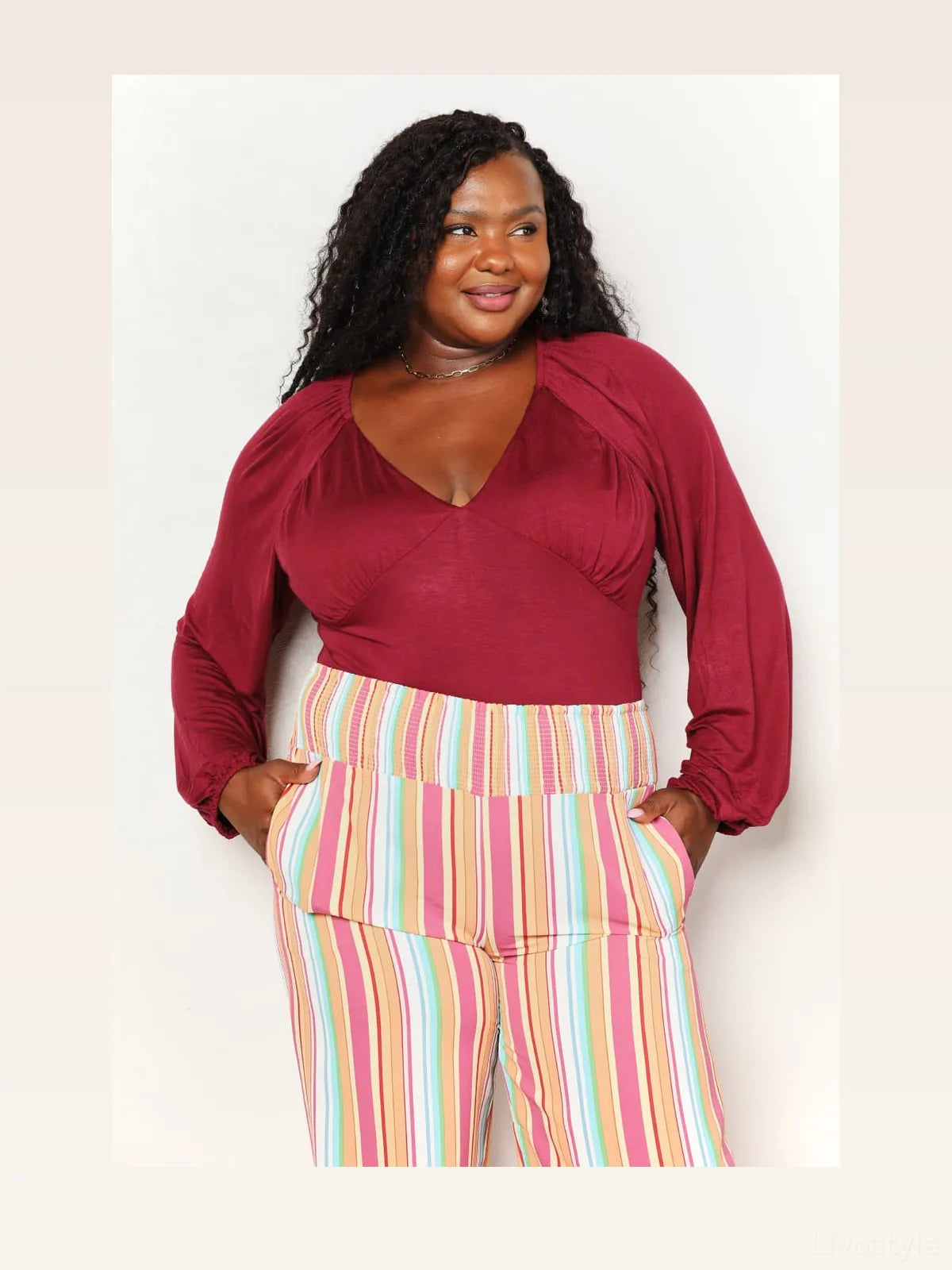 Sophisticated V-Neck Bodysuit with Poet Sleeves — styled showcase — Livostyle