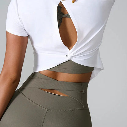 Cutout Round Neck Short Sleeve Active T-Shirt — square view — Livostyle