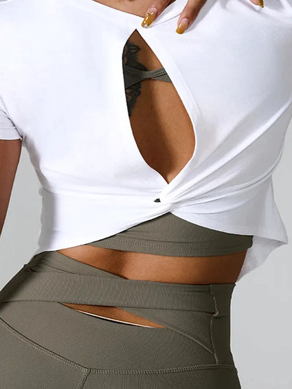Cutout Round Neck Short Sleeve Active T-Shirt — detail view — Livostyle