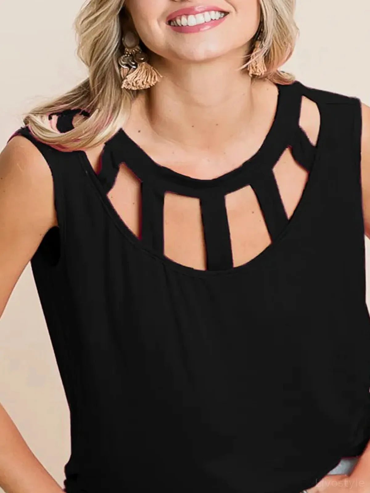 Sleek Round Neck Sleeveless Top with Chic Cutouts — detail view — Livostyle