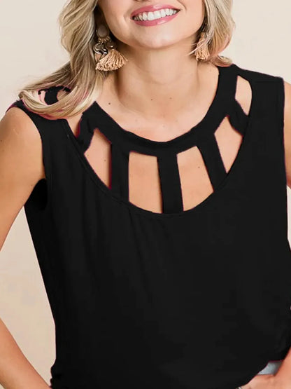 Sleek Round Neck Sleeveless Top with Chic Cutouts — detail view — Livostyle