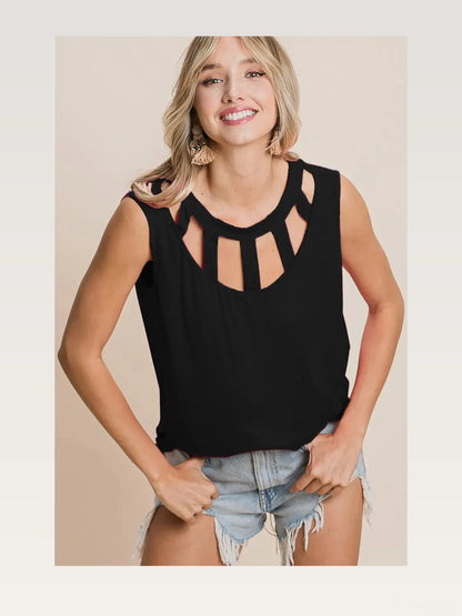 Sleek Round Neck Sleeveless Top with Chic Cutouts — styled showcase — Livostyle
