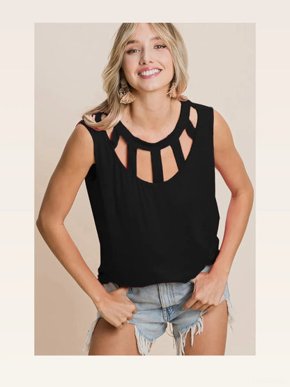Sleek Round Neck Sleeveless Top with Chic Cutouts — styled showcase — Livostyle
