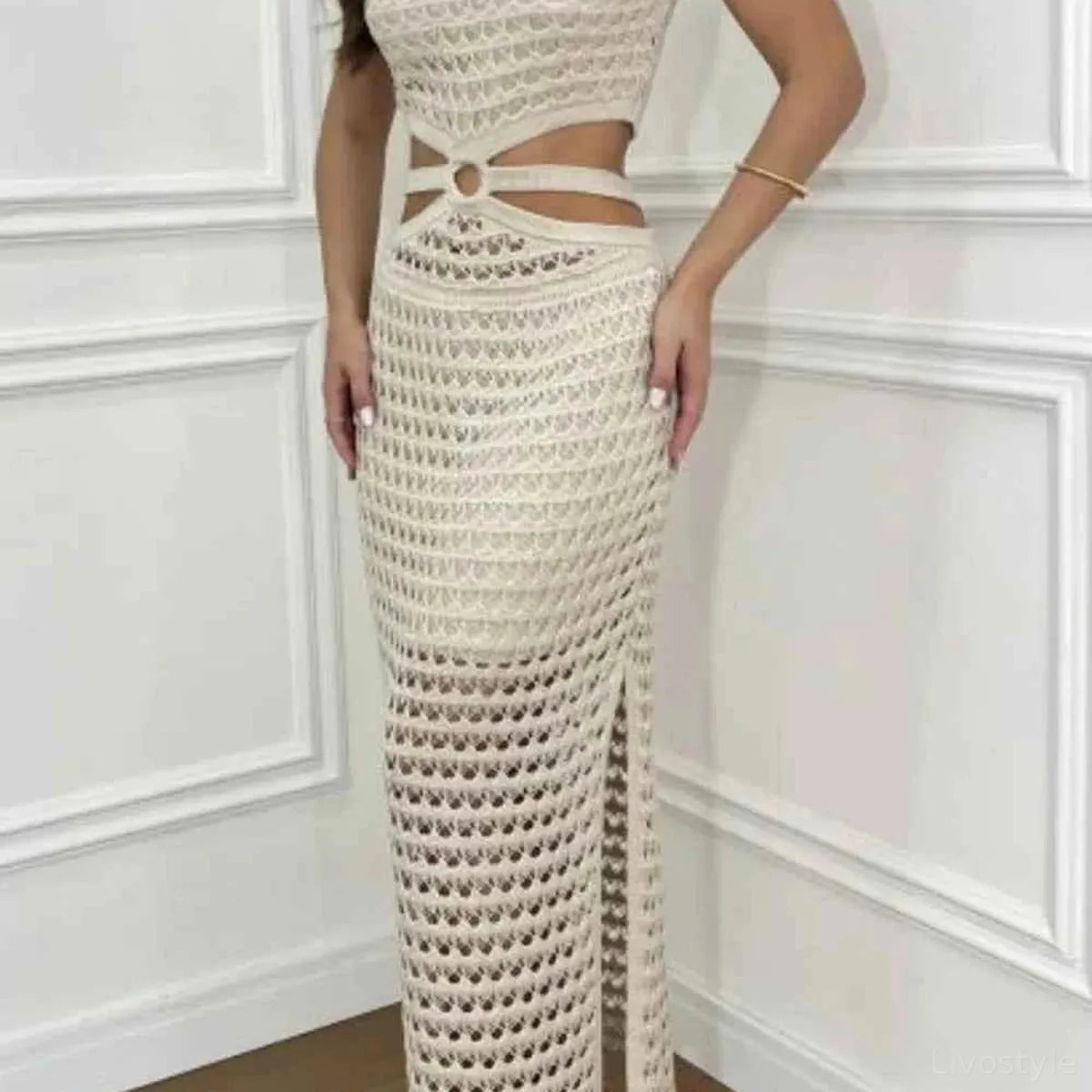 Cutout Slit Round Neck Sweater Dress — square view — Livostyle