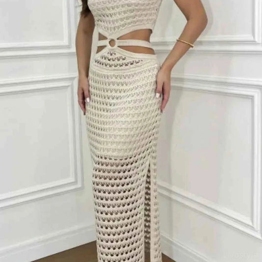 Cutout Slit Round Neck Sweater Dress — square view — Livostyle