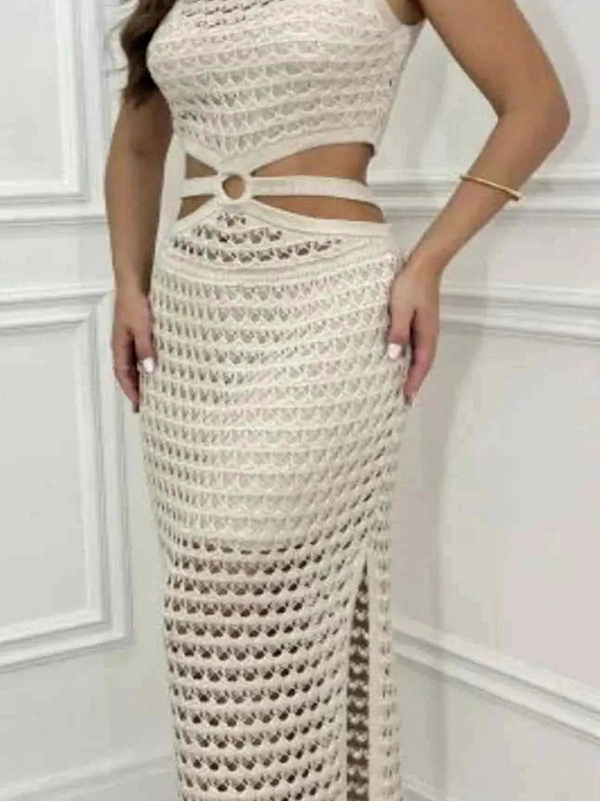 Cutout Slit Round Neck Sweater Dress — detail view — Livostyle