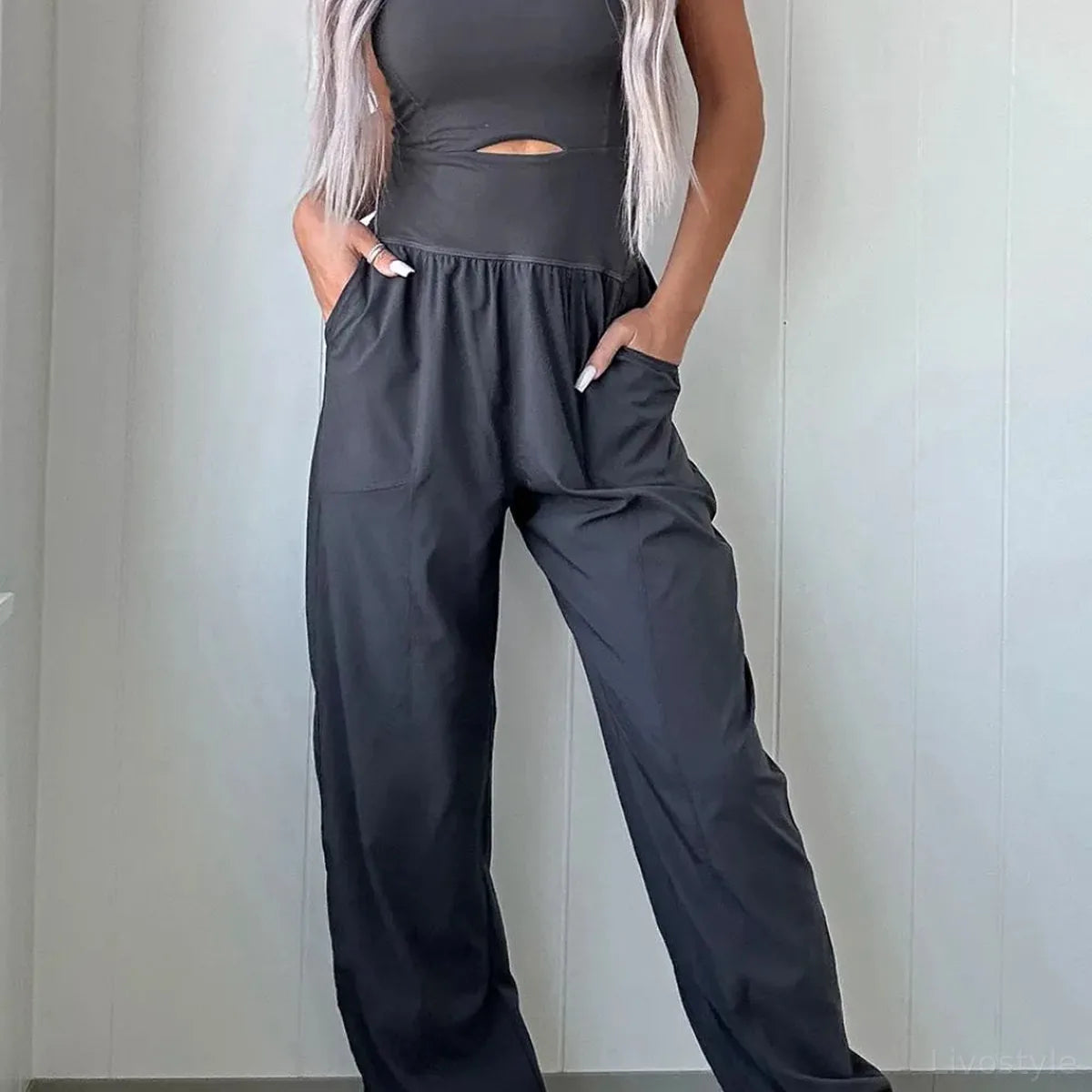 Cutout Square Neck Wide Strap Active Jumpsuit — square view — Livostyle