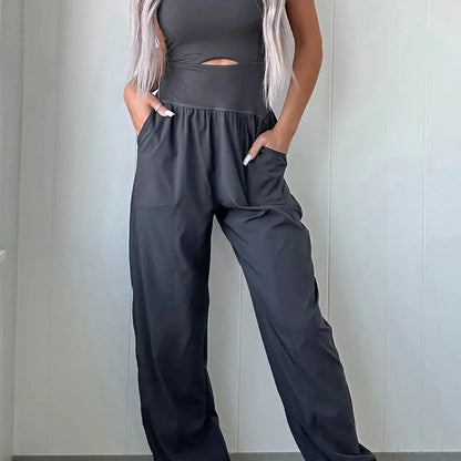 Cutout Square Neck Wide Strap Active Jumpsuit — square view — Livostyle