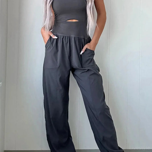 Cutout Square Neck Wide Strap Active Jumpsuit — square view — Livostyle