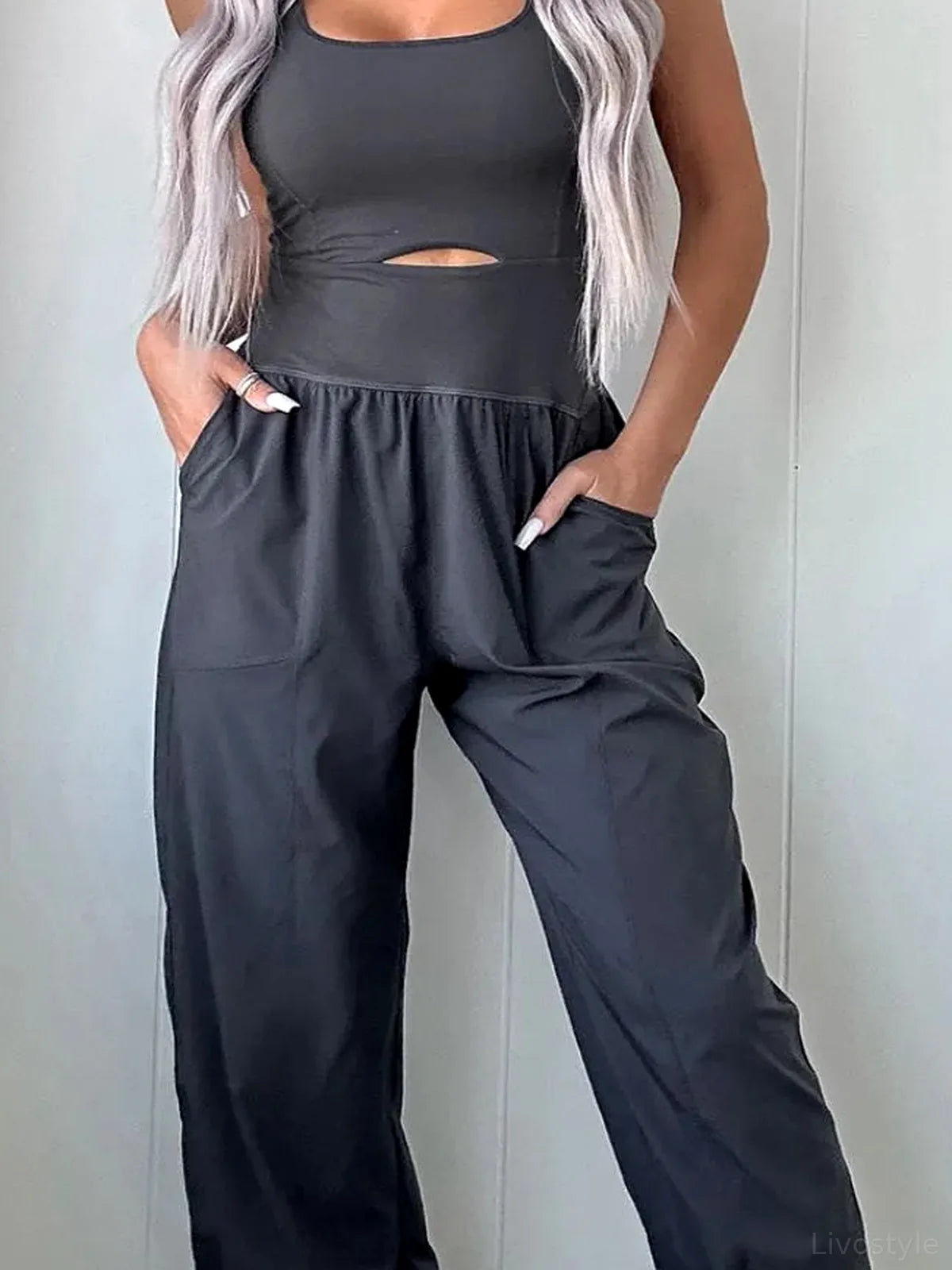 Cutout Square Neck Wide Strap Active Jumpsuit — detail view — Livostyle