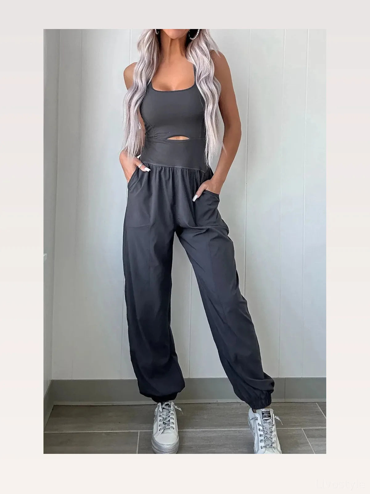 Cutout Square Neck Wide Strap Active Jumpsuit — styled showcase — Livostyle