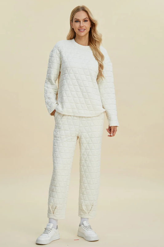 Texture Round Neck Long Sleeve Top and Pants Set in Beige