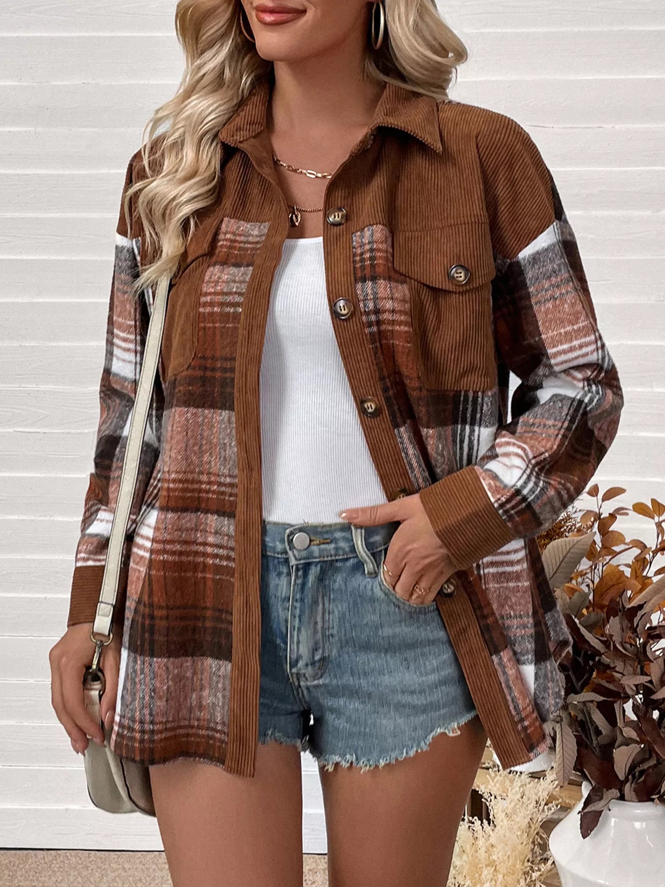 Plaid Button-Up Shacket with Chest Pockets detail — Livostyle