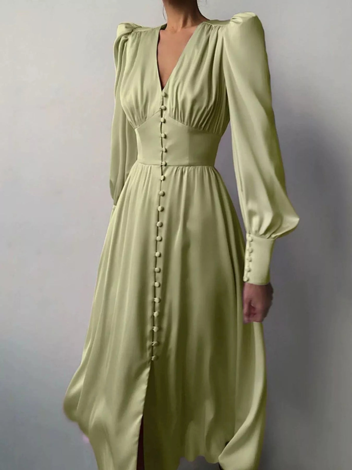 V-Neck Puff Sleeve Button-Down Midi Dress in Green