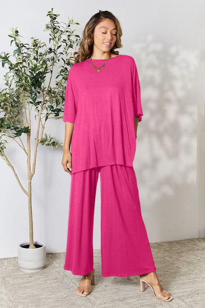 Round Neck Slit Top and Pants Set — Livostyle