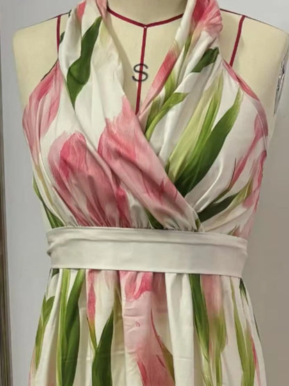 Floral Halter Neck Smocked Maxi Dress with Tie – photo 3