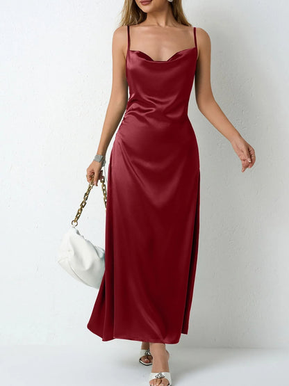 Satin Cowl Neck Cami Dress in Wine Red