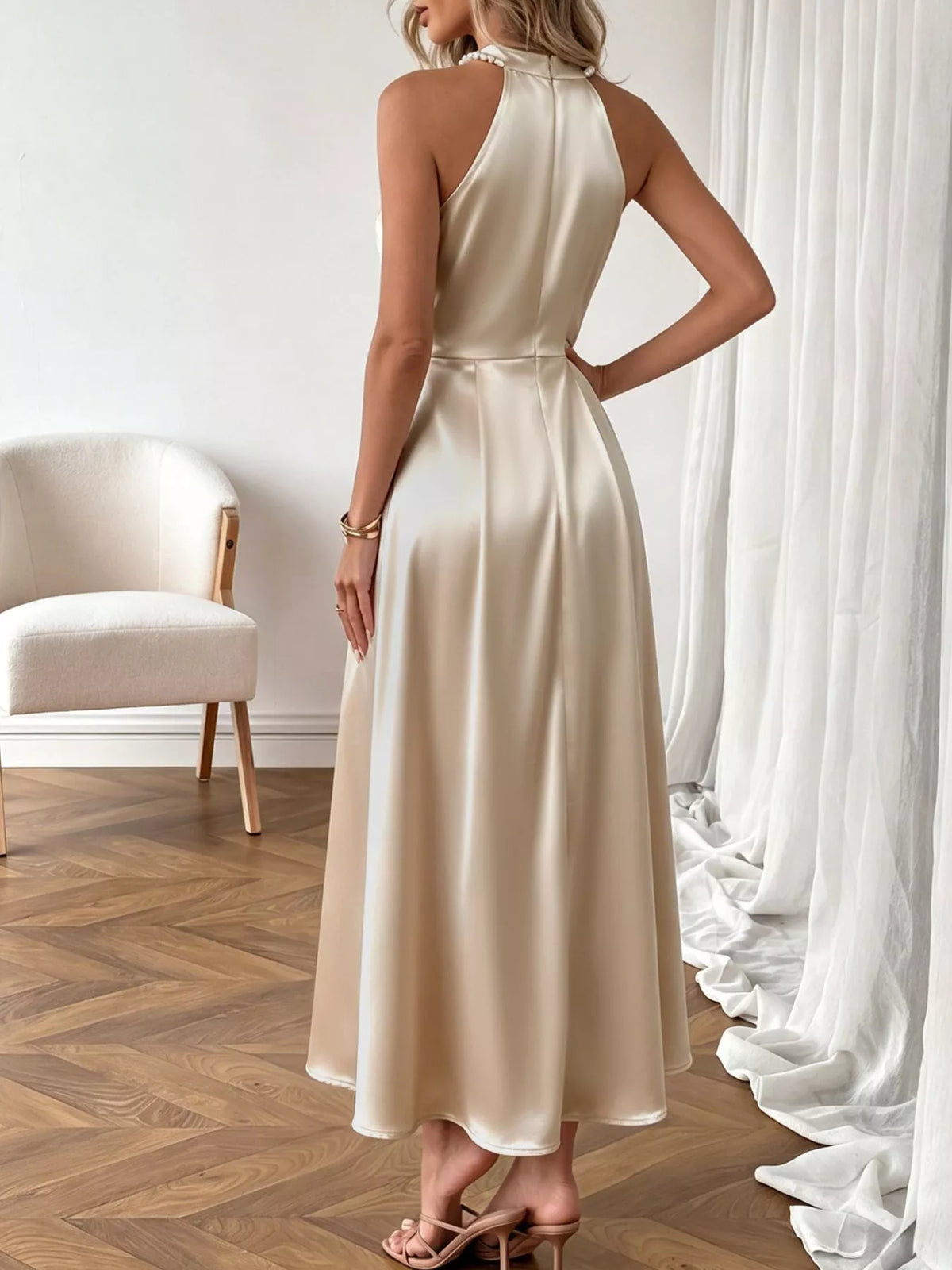 Pearl Halter Ruched Satin Midi Dress – photo 5