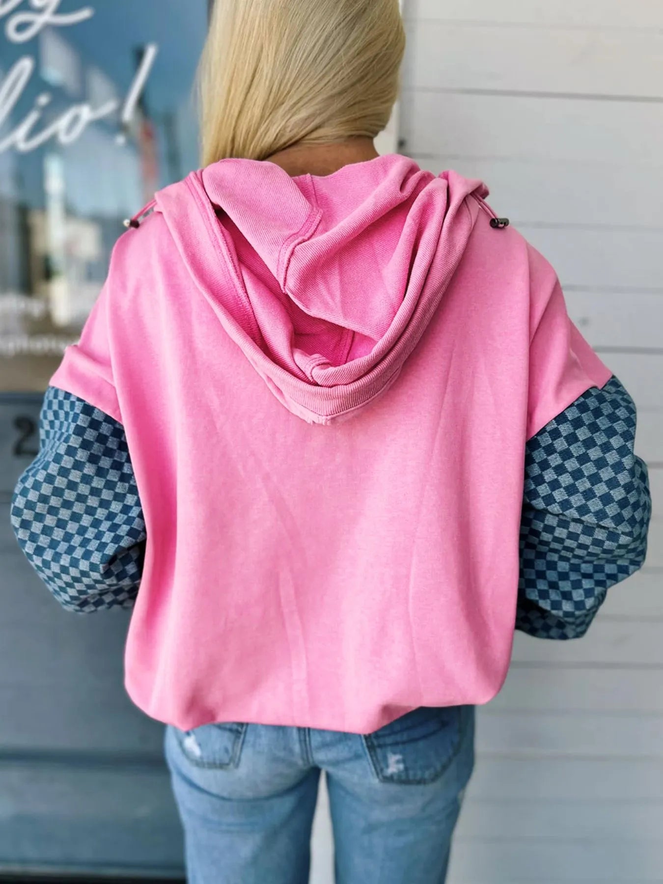 Half Zip Checkered Sleeve Hoodie detail — Livostyle