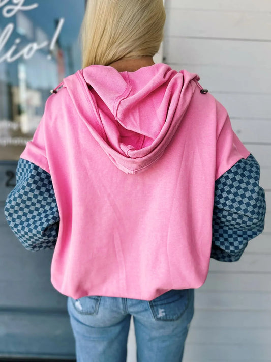 Half Zip Hoodie with Checkered Sleeves