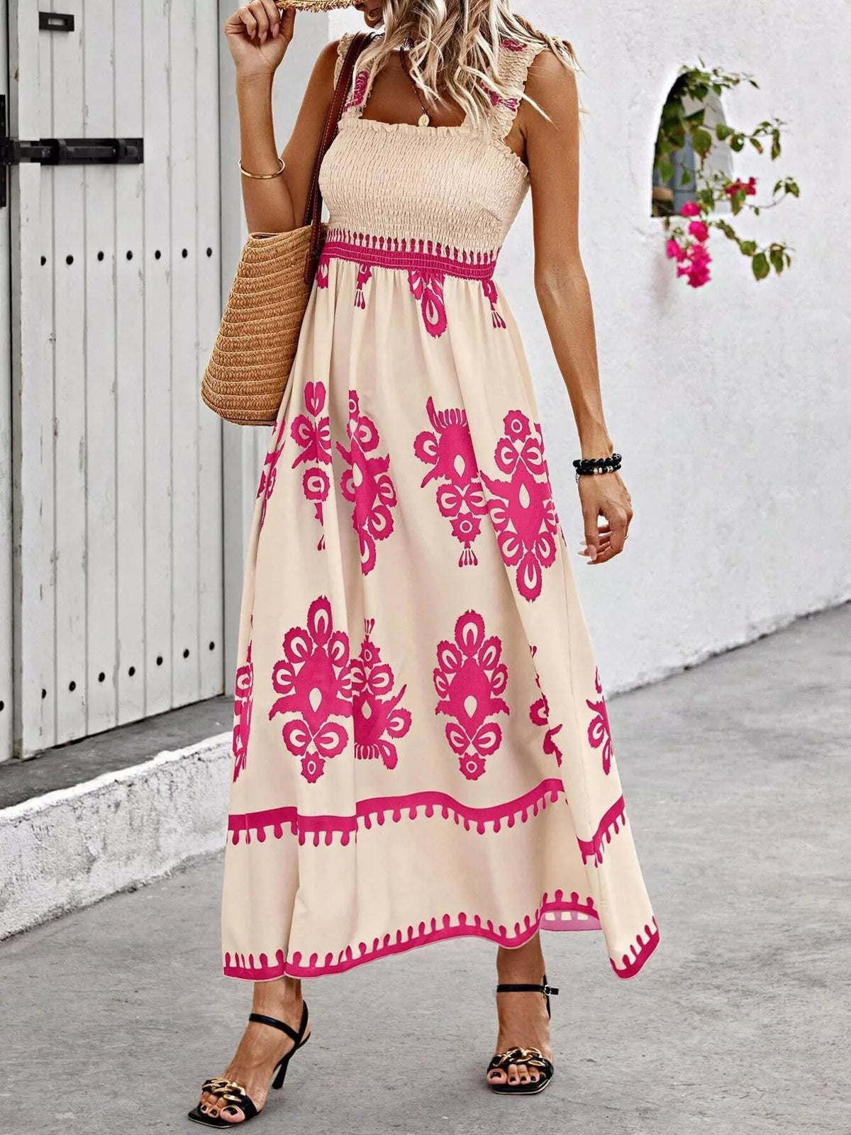 Smocked Printed Square Neck Ruffle Maxi Dress in Pink