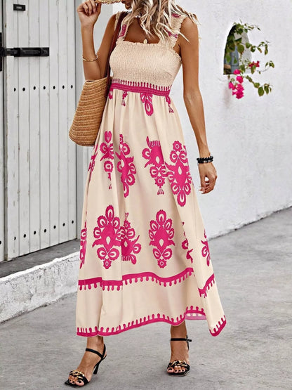 Smocked Printed Square Neck Ruffle Maxi Dress in Pink