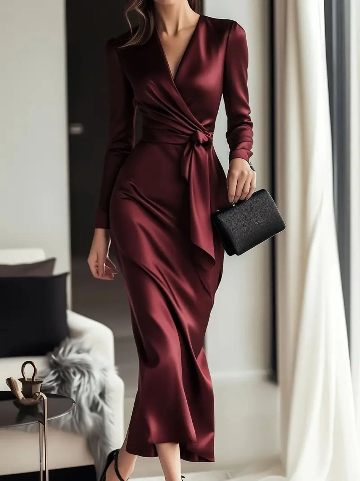 Satin Tie Waist Long Sleeve Dress in Burgundy