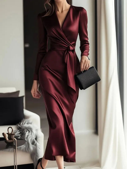 Satin Tie Waist Long Sleeve Dress in Burgundy