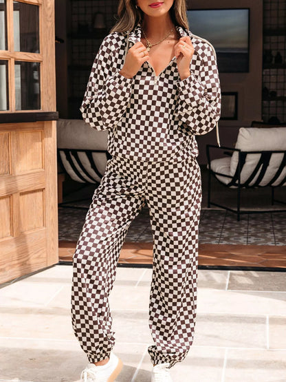 Checkered Drawstring Hoodie and Pants Set styling — Livostyle