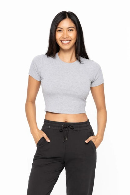 Essential Micro-ribbed Cropped Athleisure Tee in HEATHER GREY