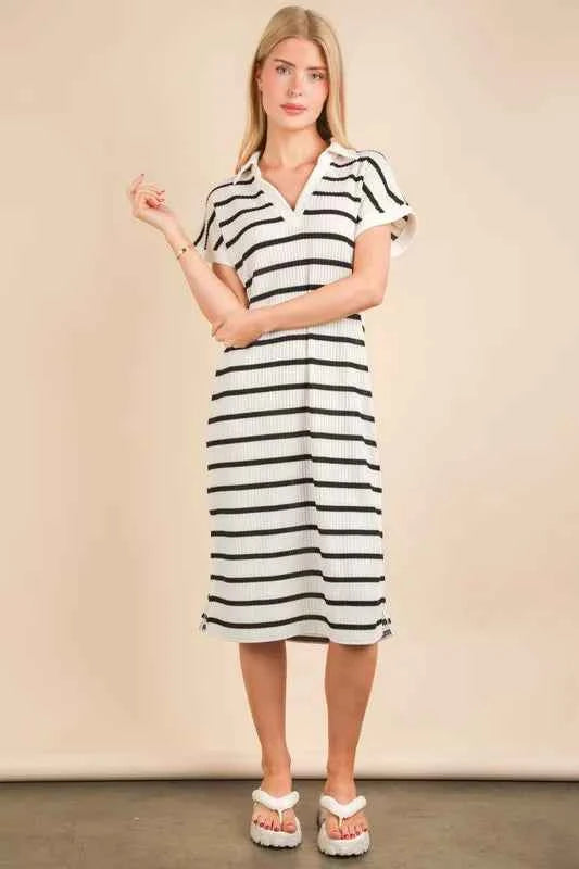 VERY J Oversized Collared Striped Knit Midi Dress