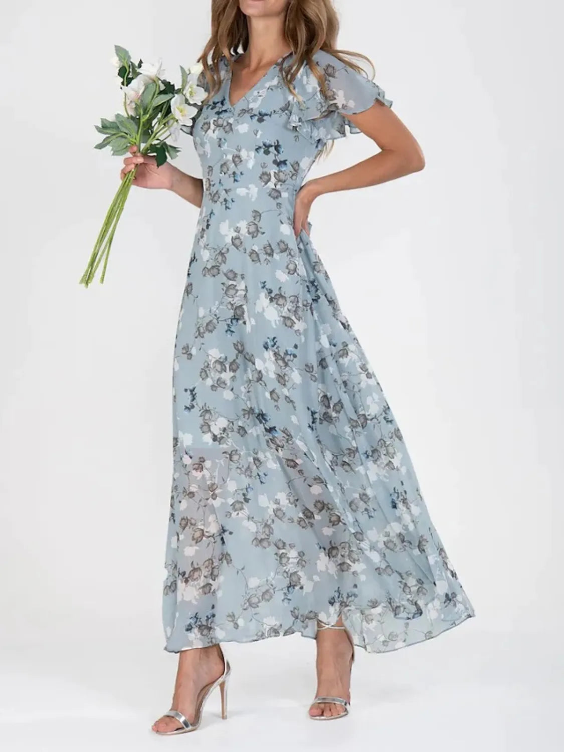 Floral V-Neck Flutter Sleeve Maxi Dress