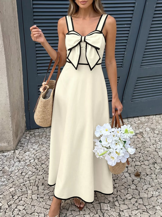 Bowknot Trim A-Line Midi Dress with Zip in Beige