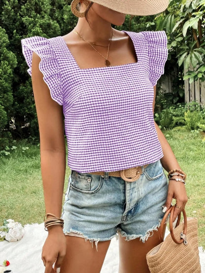 Gingham Ruffle Sleeve Square Neck Blouse – photo 17