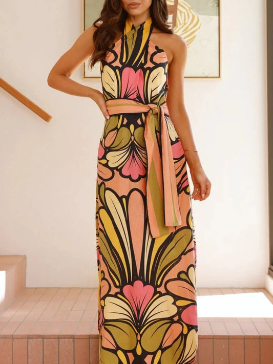Printed Halter Neck Tie Maxi Cami Dress in Multicolor