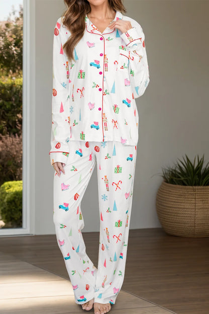 Printed Collared Neck Long Sleeve Top and Pants Lounge Set — Livostyle