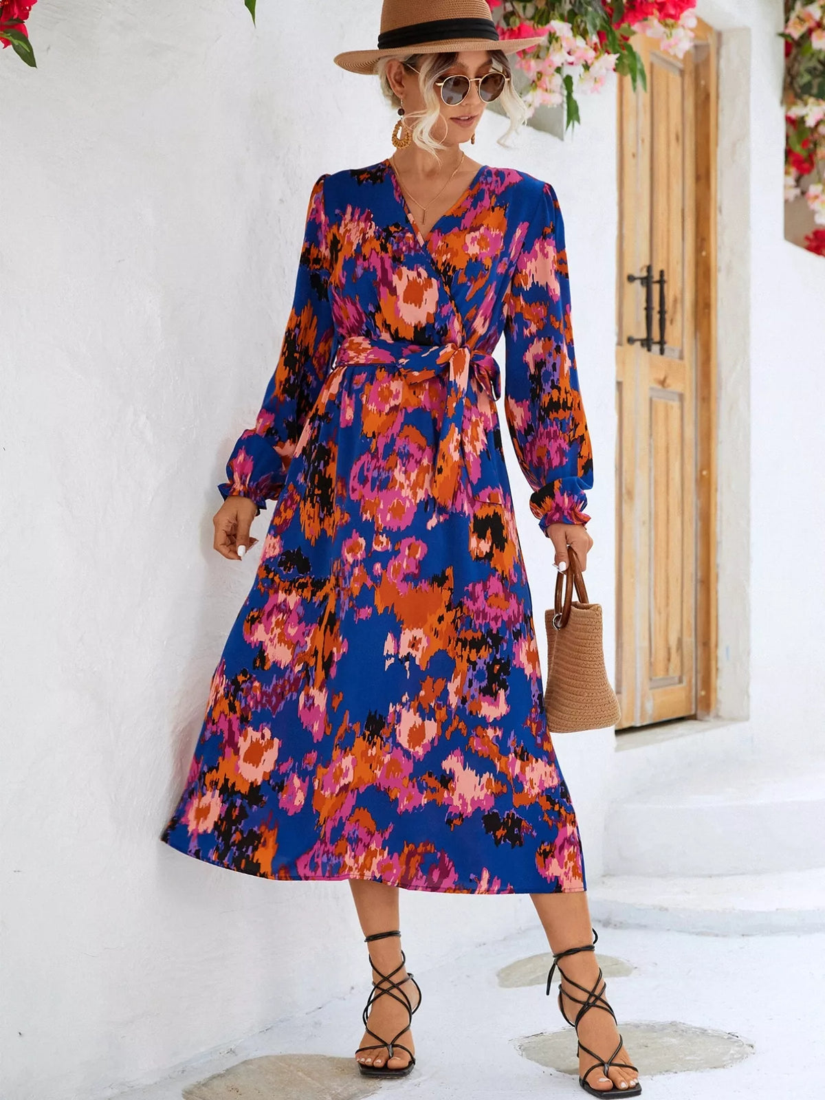 Printed Belted Surplice Long Sleeve Midi Dress with Slit – photo 9