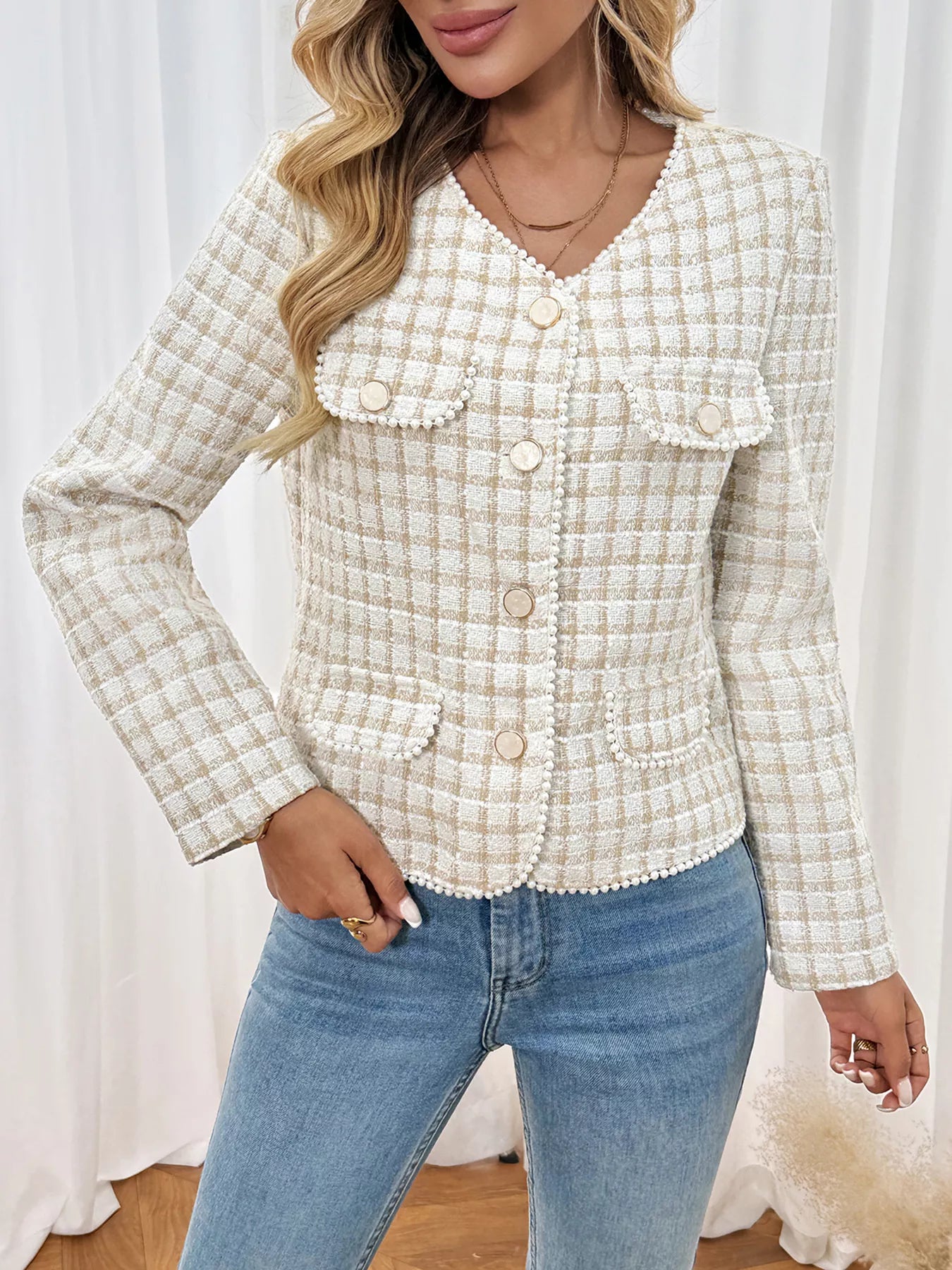 Plaid Button-Front Long Sleeve Outerwear — Livostyle