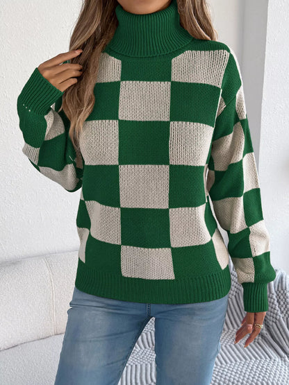 Checkered Turtleneck Long Sleeve Sweater detail — Livostyle