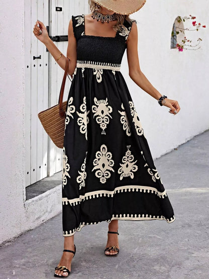 Smocked Printed Square Neck Ruffle Maxi Dress in Black